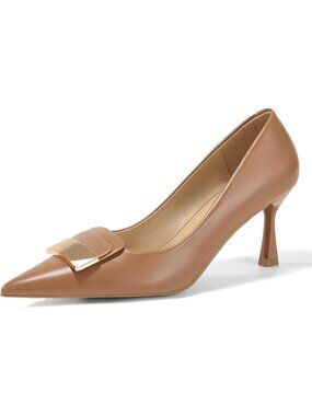 Women's Camel Kitten Heels Lambskin Insole Pointed Toe Metal Deco Dress Shoes